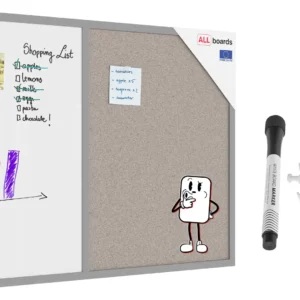 Whiteboard and grey cork COMBO board in a grey wooden frame 90 x 60cm