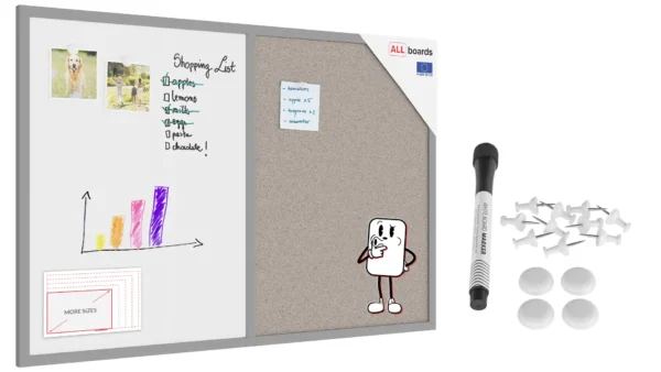Whiteboard and grey cork COMBO board in a grey wooden frame 90 x 60cm