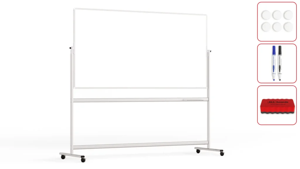 Mobile pivoting double sided whiteboard dry erase magnetic surface aluminium frame & stand 200x100 cm