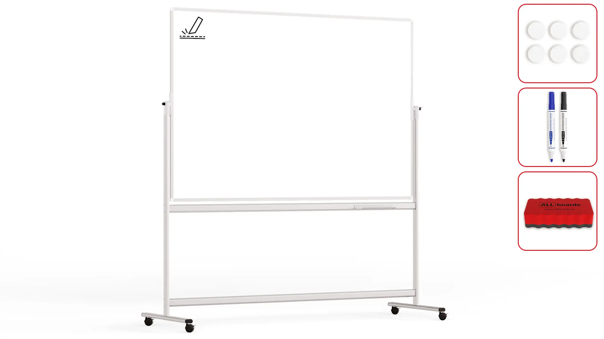 Mobile pivoting double sided whiteboard dry erase ceramic surface aluminium frame & stand 180x120 cm P3