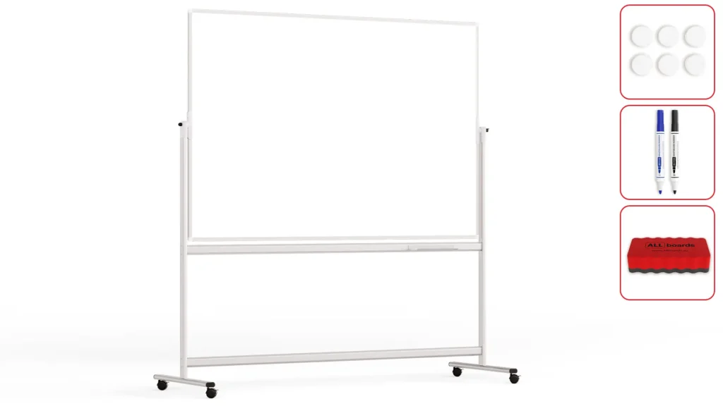 Mobile pivoting double sided whiteboard dry erase magnetic surface aluminium frame & stand 180x120 cm