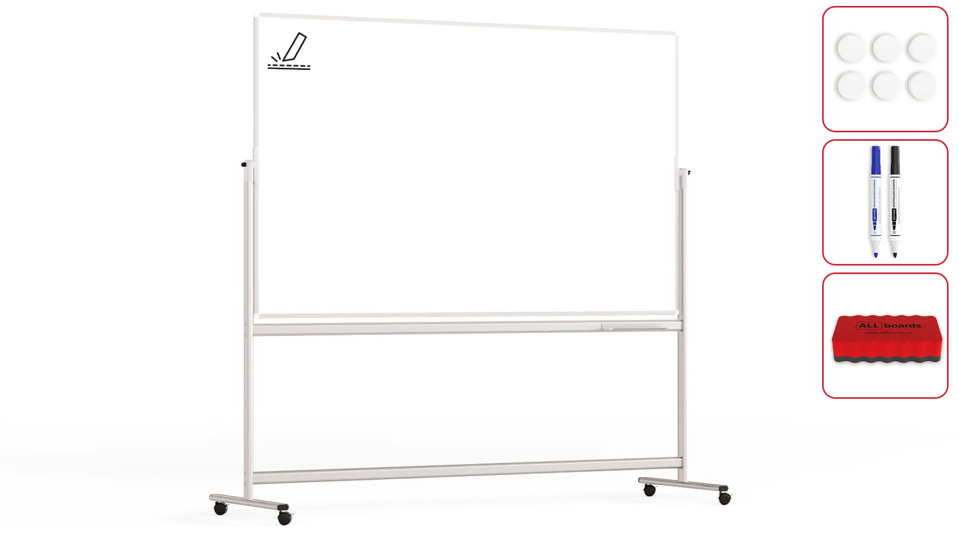 Mobile pivoting double sided whiteboard dry erase CERAMIC magnetic surface aluminium frame & stand 200x120 cm