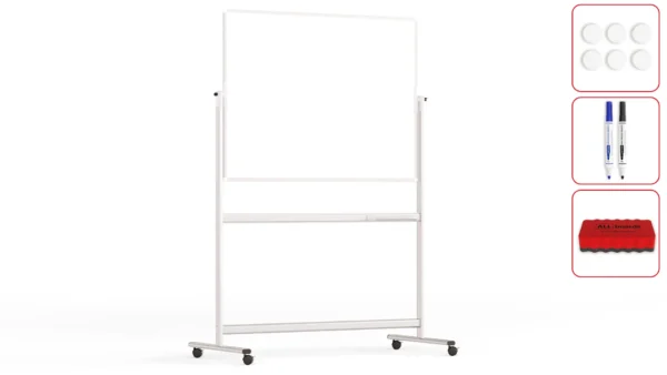 Mobile pivoting double sided whiteboard dry erase magnetic surface aluminium frame & stand 120x90 cm