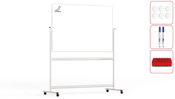 Mobile pivoting double sided whiteboard dry erase ceramic surface aluminium frame & stand 150x100 cm P3