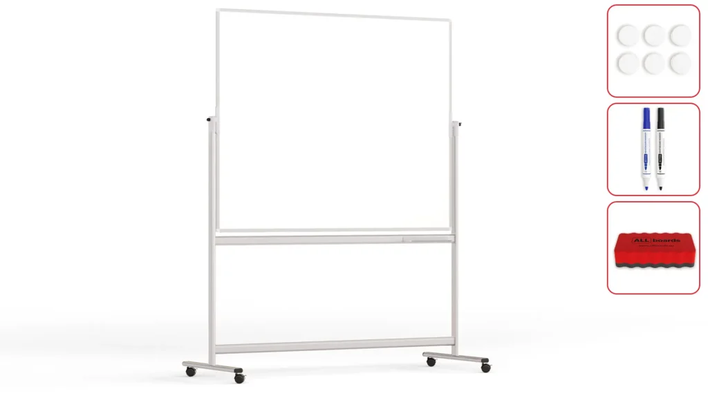 Mobile pivoting double sided whiteboard dry erase magnetic surface aluminium frame & stand 150x120 cm