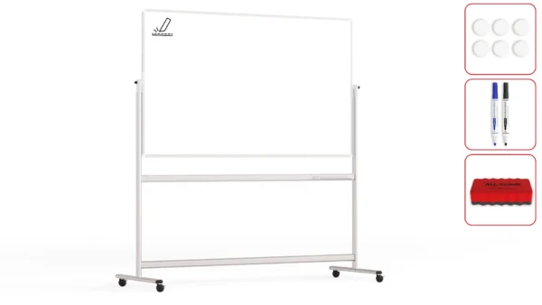 Mobile pivoting double sided whiteboard dry erase CERAMIC magnetic surface aluminium frame & stand 170x100 cm