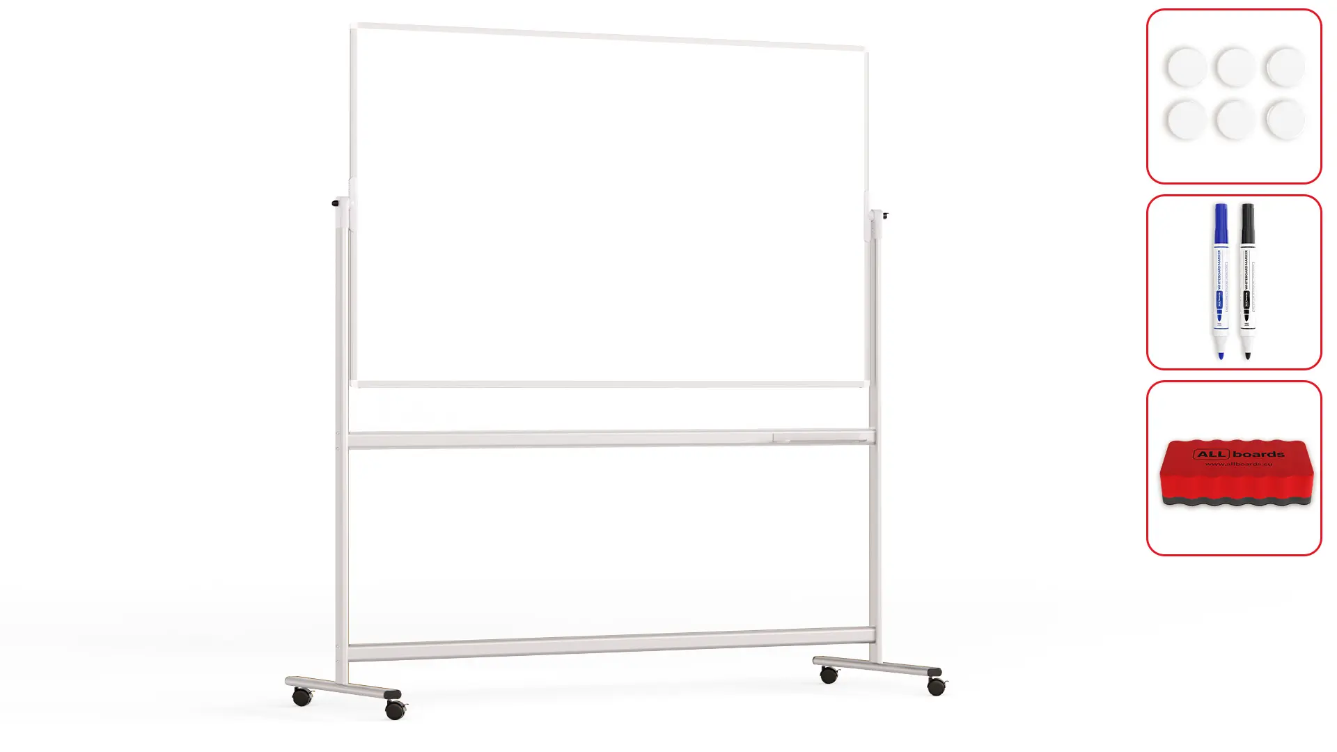 Mobile pivoting double sided whiteboard dry erase magnetic surface aluminium frame & stand 170x100 cm
