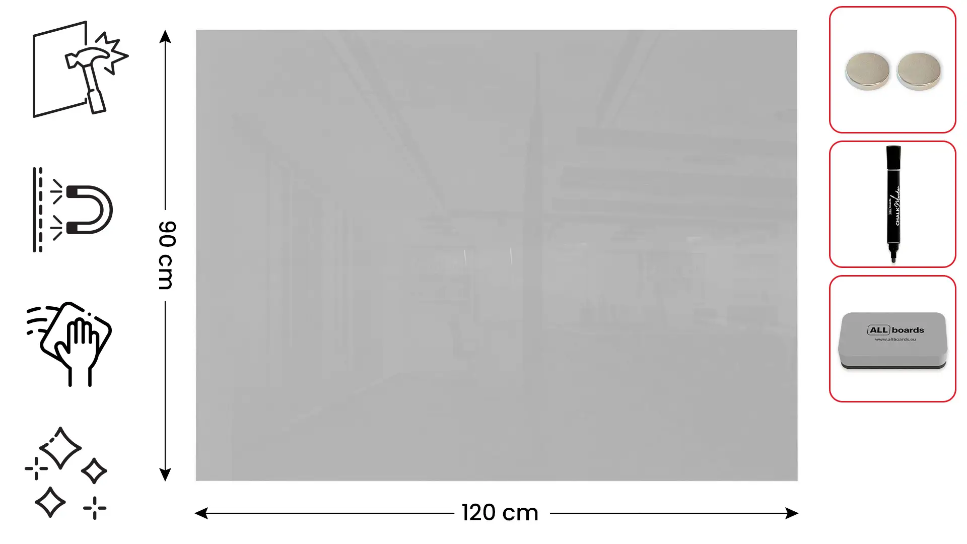 120x90 cm grey magnetic glass board - frameless glass board, tempered glass suitable for neodymium magnets - Image 2