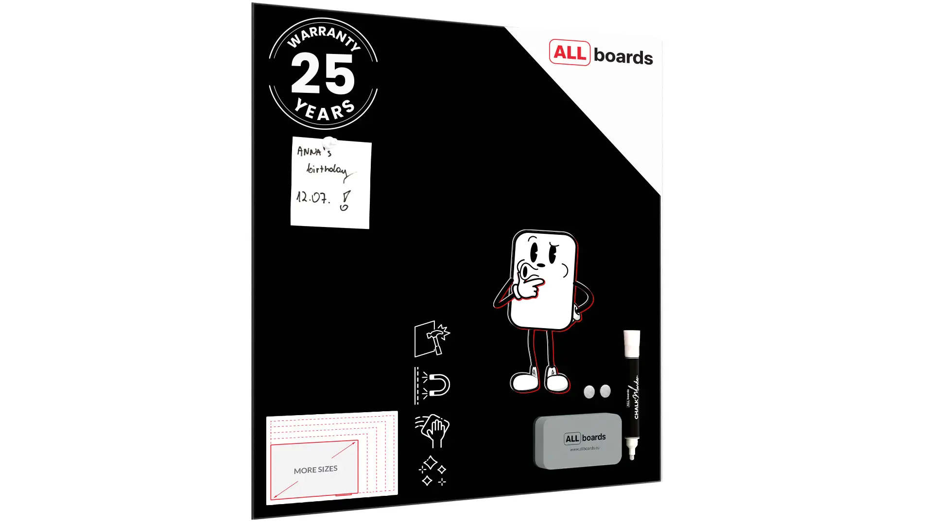 50x50cm black magnetic glass board- frameless glass board, tempered glass suitable for neodymium magnets + with Bonus Accessories