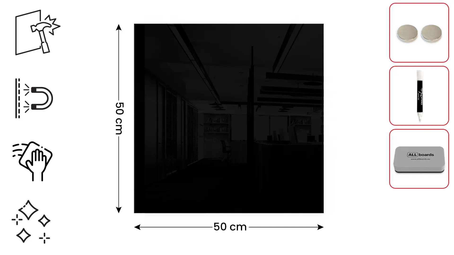50x50cm black magnetic glass board- frameless glass board, tempered glass suitable for neodymium magnets + with Bonus Accessories - Image 2