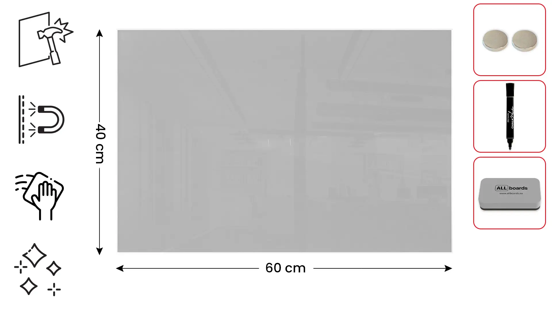 60x40cm grey magnetic glass board - frameless glass board, tempered glass suitable for neodymium magnets - Image 2