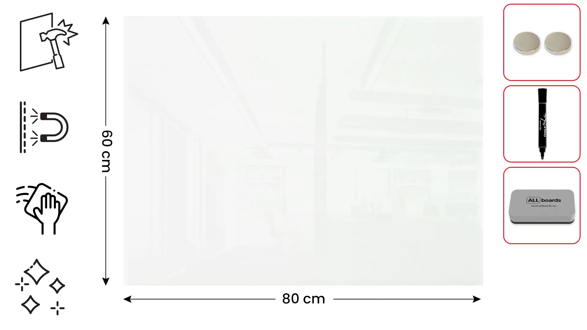 Magnetic glass board 80x60 cm CLASSIC WHITE + with Bonus Accessories - Image 2