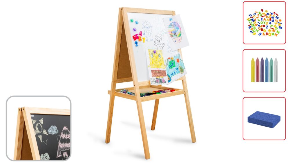 Kids double-sided chalkboard and magnetic whiteboard on easel 120 cm, solid, thick frames, foldable shelf