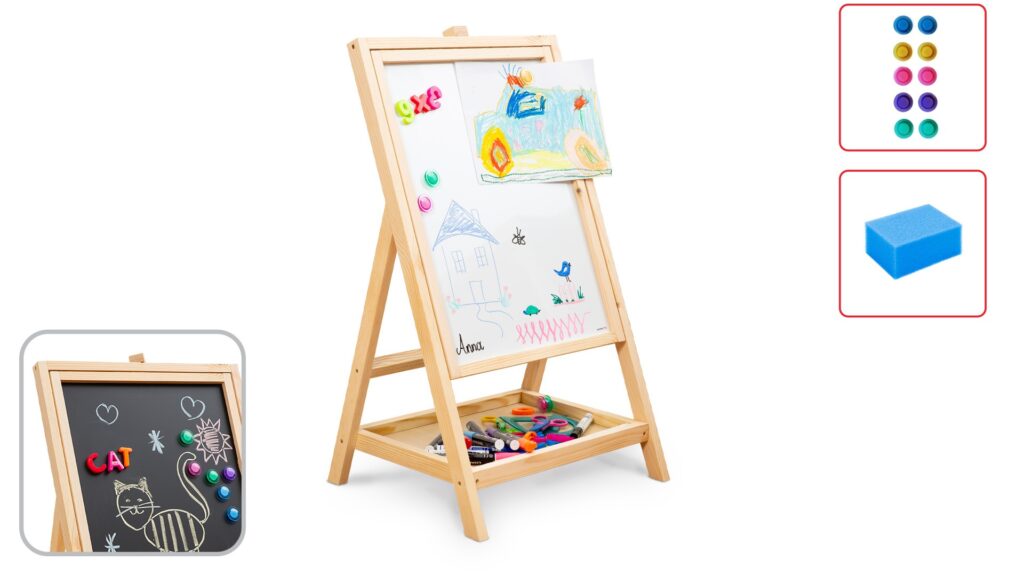 Rotating Drawing Board for Children, Chalk and Magnetic surface, Wooden Easel Frame, Height 80 cm