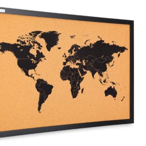 World Map Cork Board in Black Wooden Frame, 60x40 cm