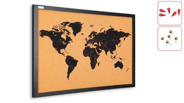 World Map Cork Board in Black Wooden Frame, 60x40 cm