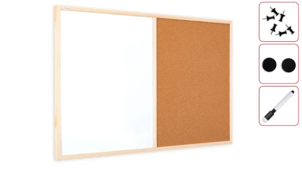 Cork board and Magnetic Whiteboard COMBI 90x60 cm in Wooden Frame + FREE GIFT