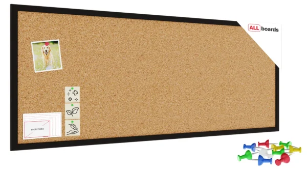 Cork Noticeboard 100x40 cm in BLACK Wooden Frame + FREE Accessories