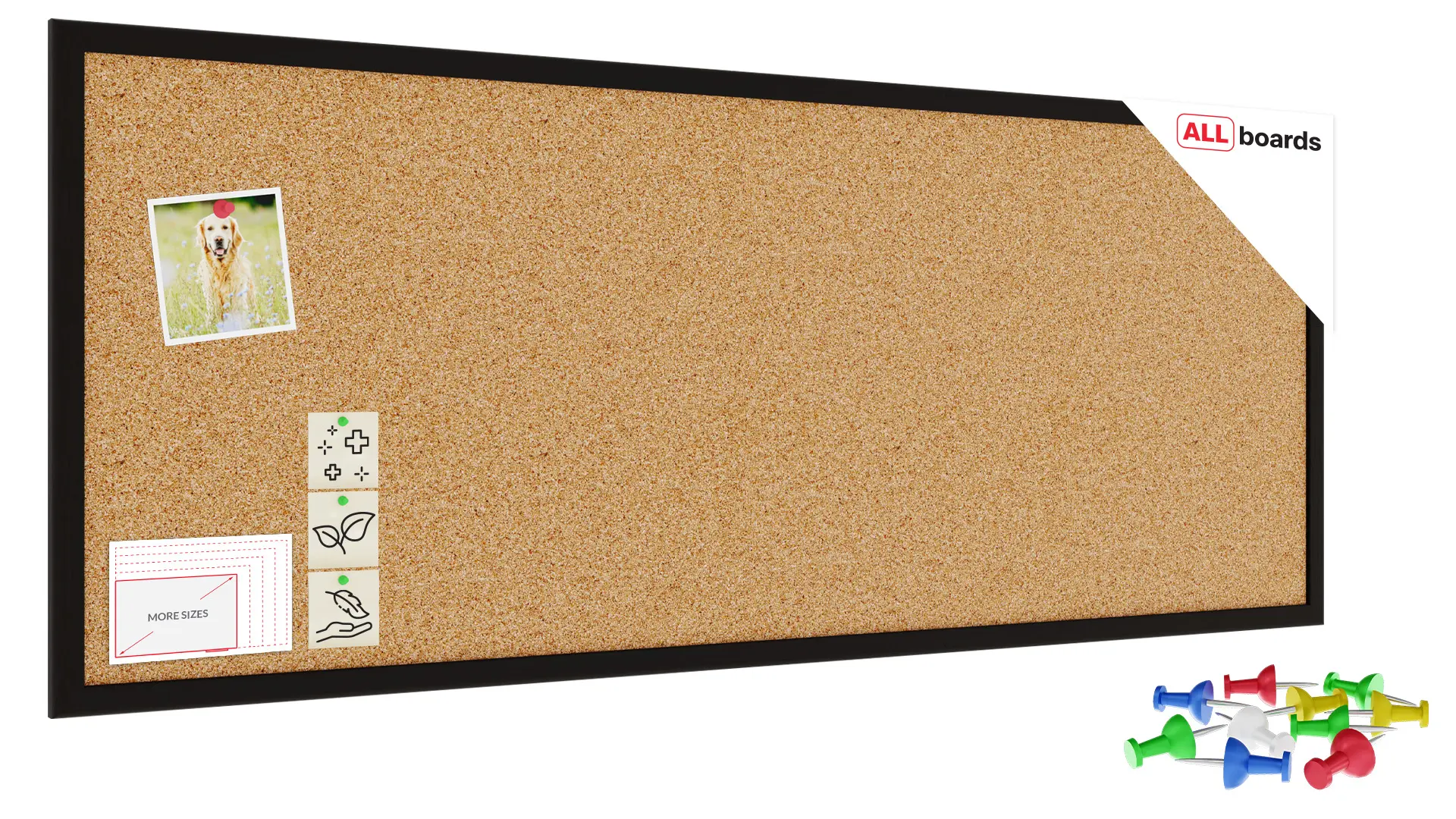 Cork Noticeboard 100x40 cm in BLACK Wooden Frame + FREE Accessories