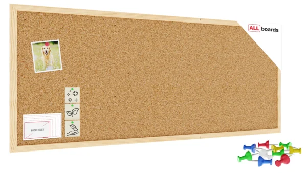 Cork Noticeboard 100x40 cm in Natural Wooden Frame + FREE Accessories