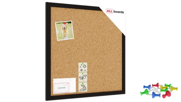 Cork Noticeboard 40x40 cm in BLACK Wooden Frame + FREE Accessories