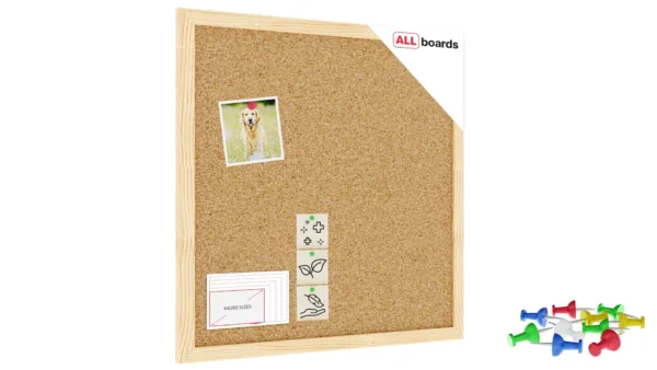 Cork Noticeboard 40x40 cm in Natural Wooden Frame + FREE Accessories