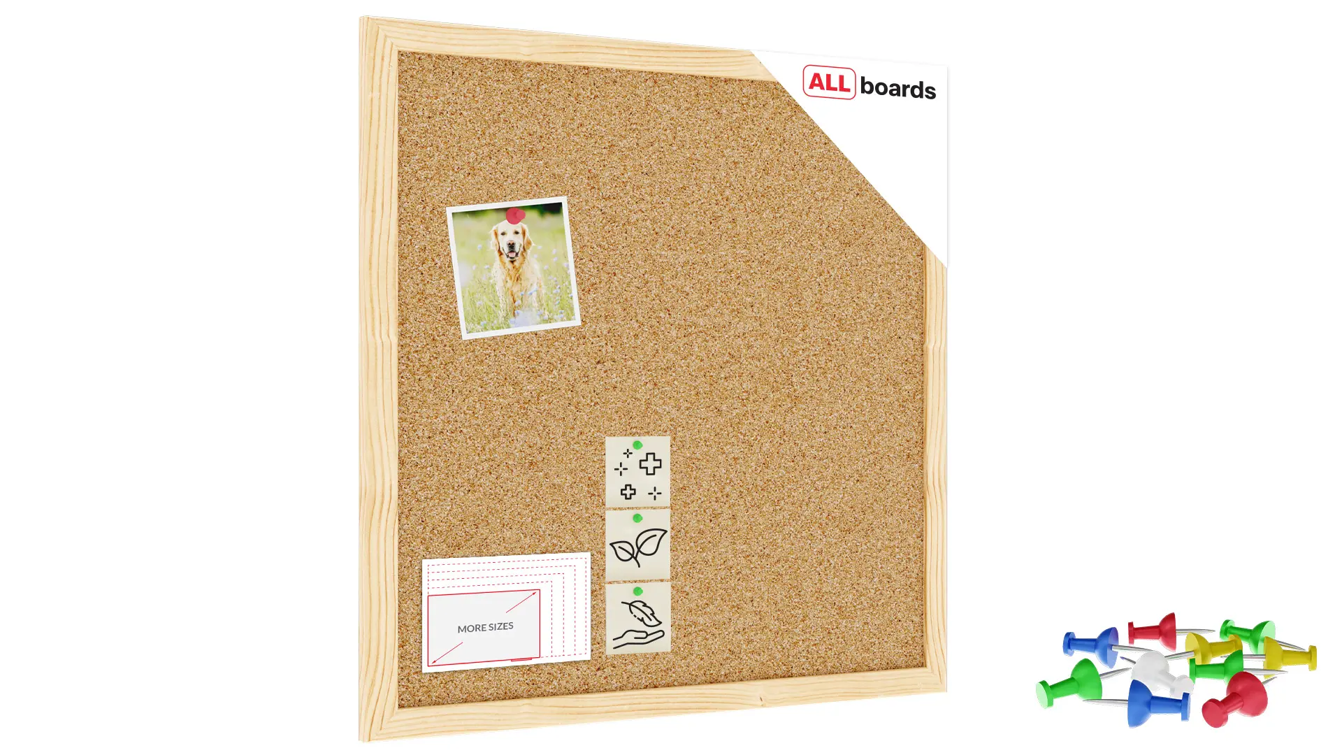 Cork Noticeboard 40x40 cm in Natural Wooden Frame + FREE Accessories