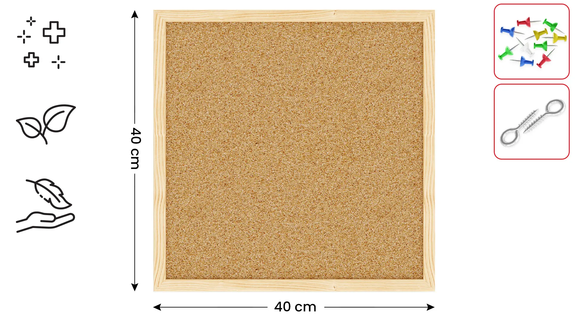 Cork Noticeboard 40x40 cm in Natural Wooden Frame + FREE Accessories - Image 2