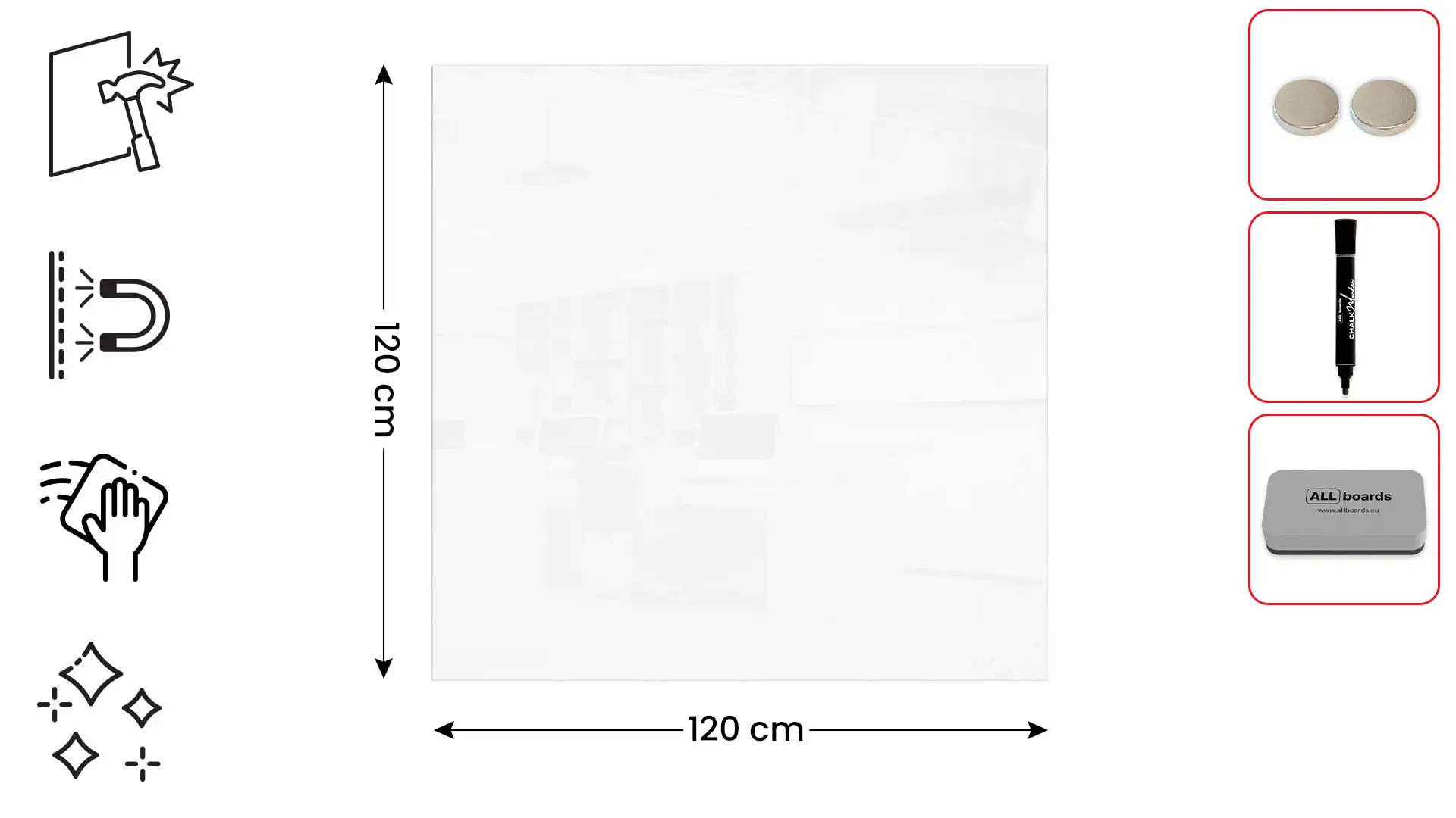 Magnetic glass board 120x120 cm PREMIUM SUPERWHITE (super white) + with Bonus Accessories - Image 2