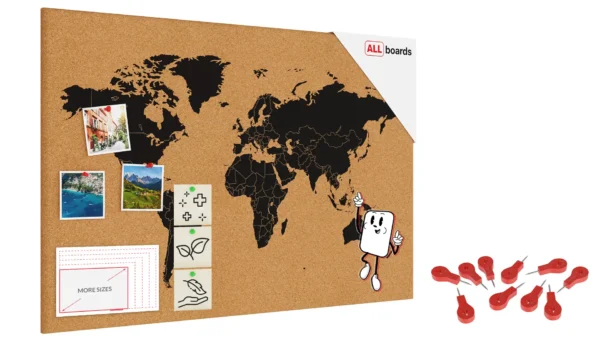 World Map Frameless Cork Board, 90x60 cm