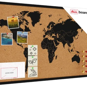 Cork Board – WORLD MAP – BLACK Wooden Frame – 90x60 cm