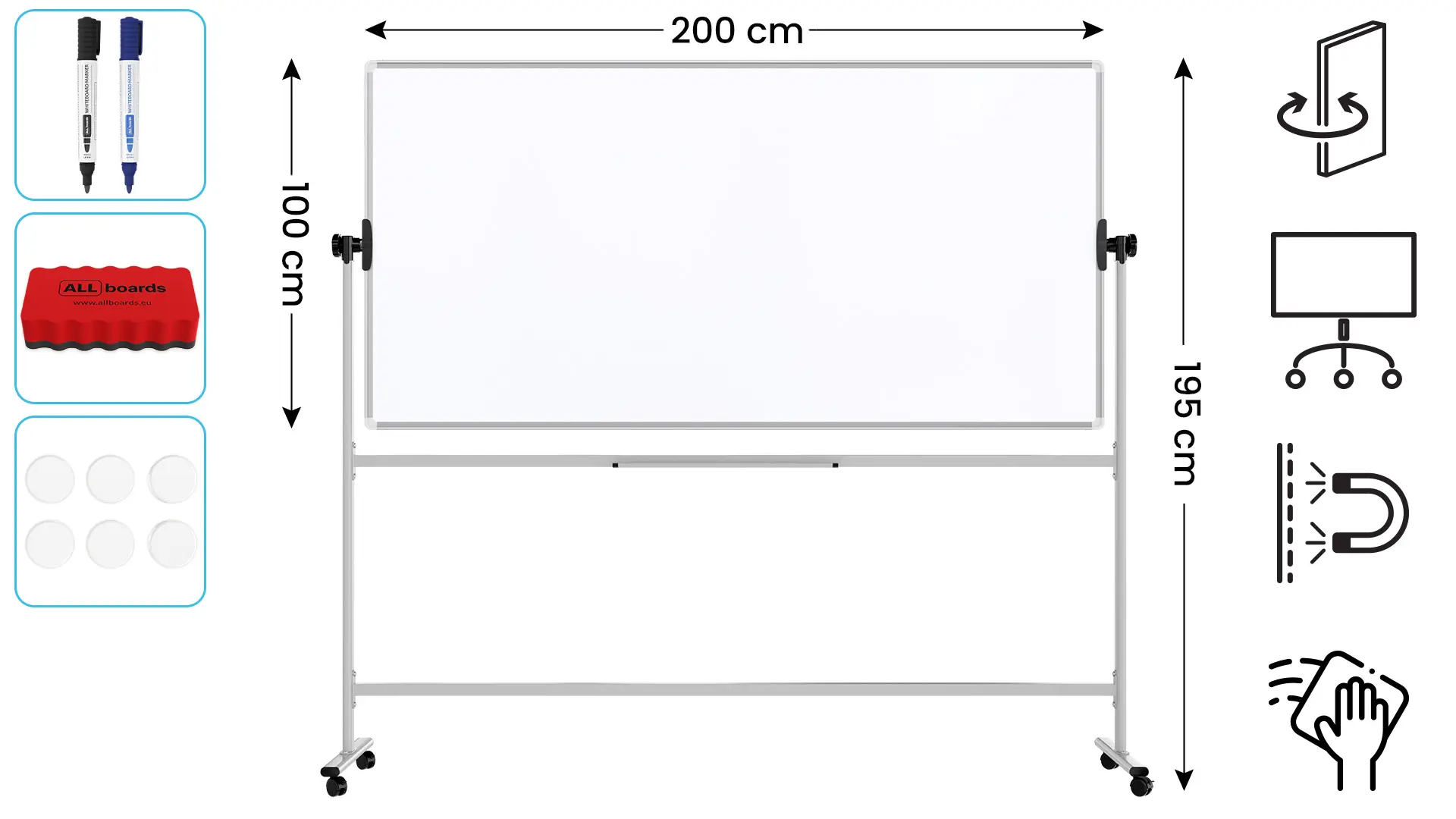 TM Idea Mobile Whiteboard – Double-Sided, Rotating, Magnetic, Dry-Wipe – 200x100 cm - FLEX Series