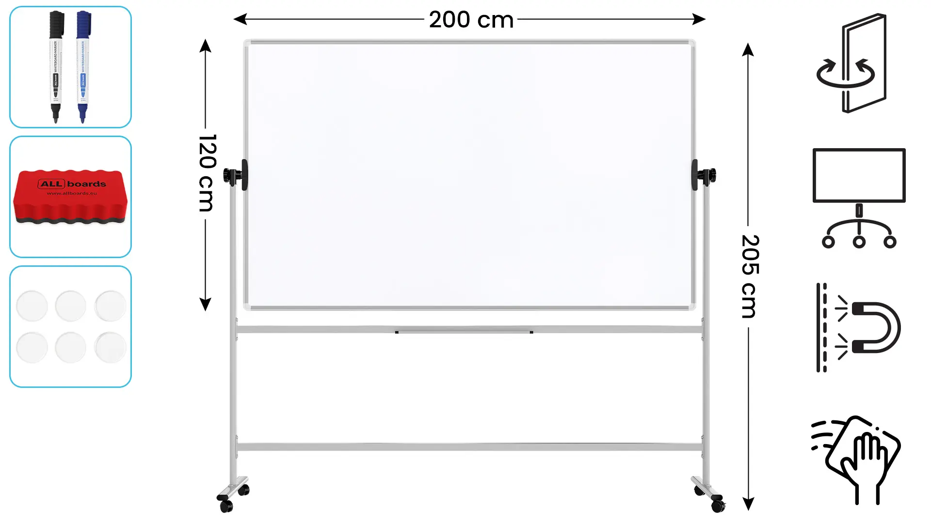TM Idea Mobile Whiteboard – Double-Sided, Rotating, Magnetic, Dry-Wipe – 200x120 cm - FLEX Series