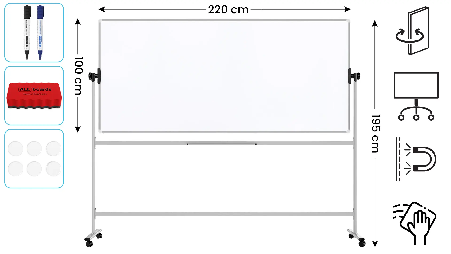 TM Idea Mobile Whiteboard – Double-Sided, Rotating, Magnetic, Dry-Wipe – 220x100 cm - FLEX Series