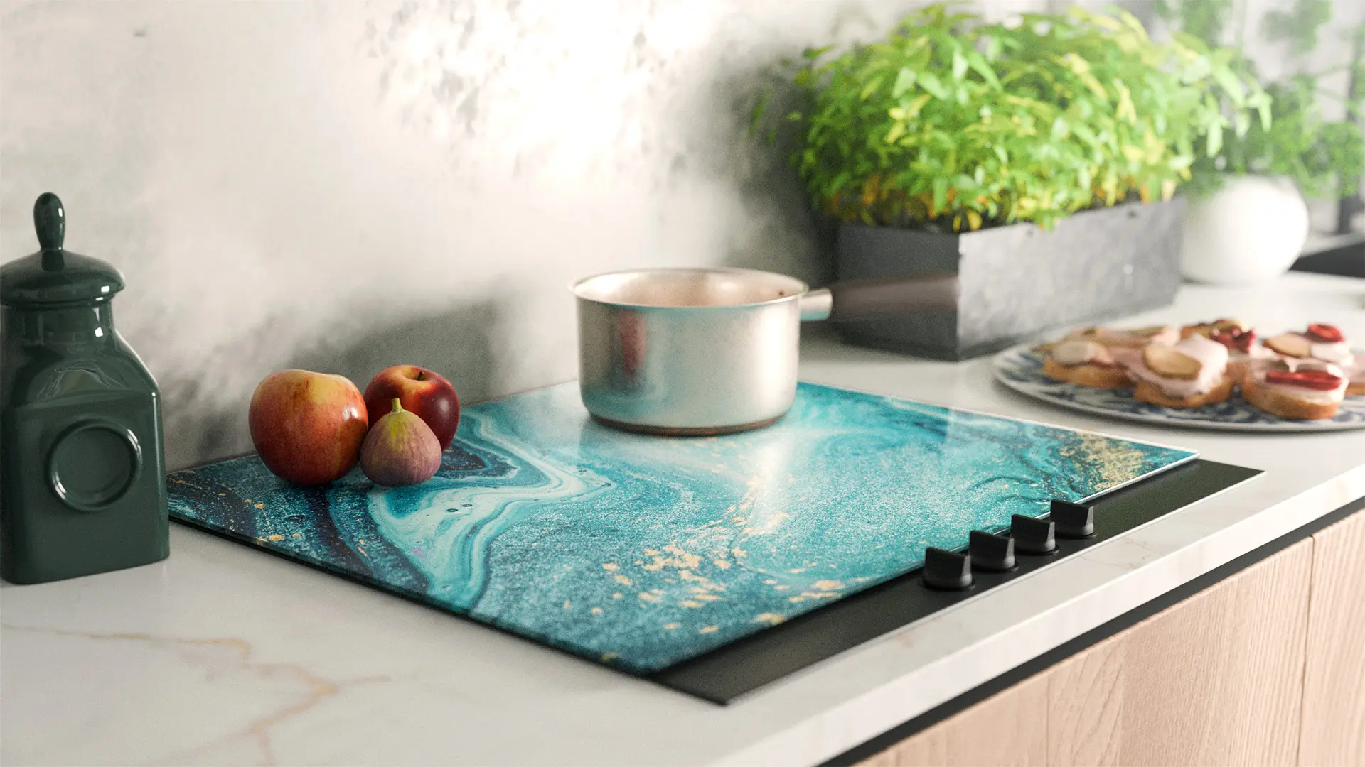 Glass Chopping Board / Hob Cover 60 × 52 cm - Blue & Gold - Image 3