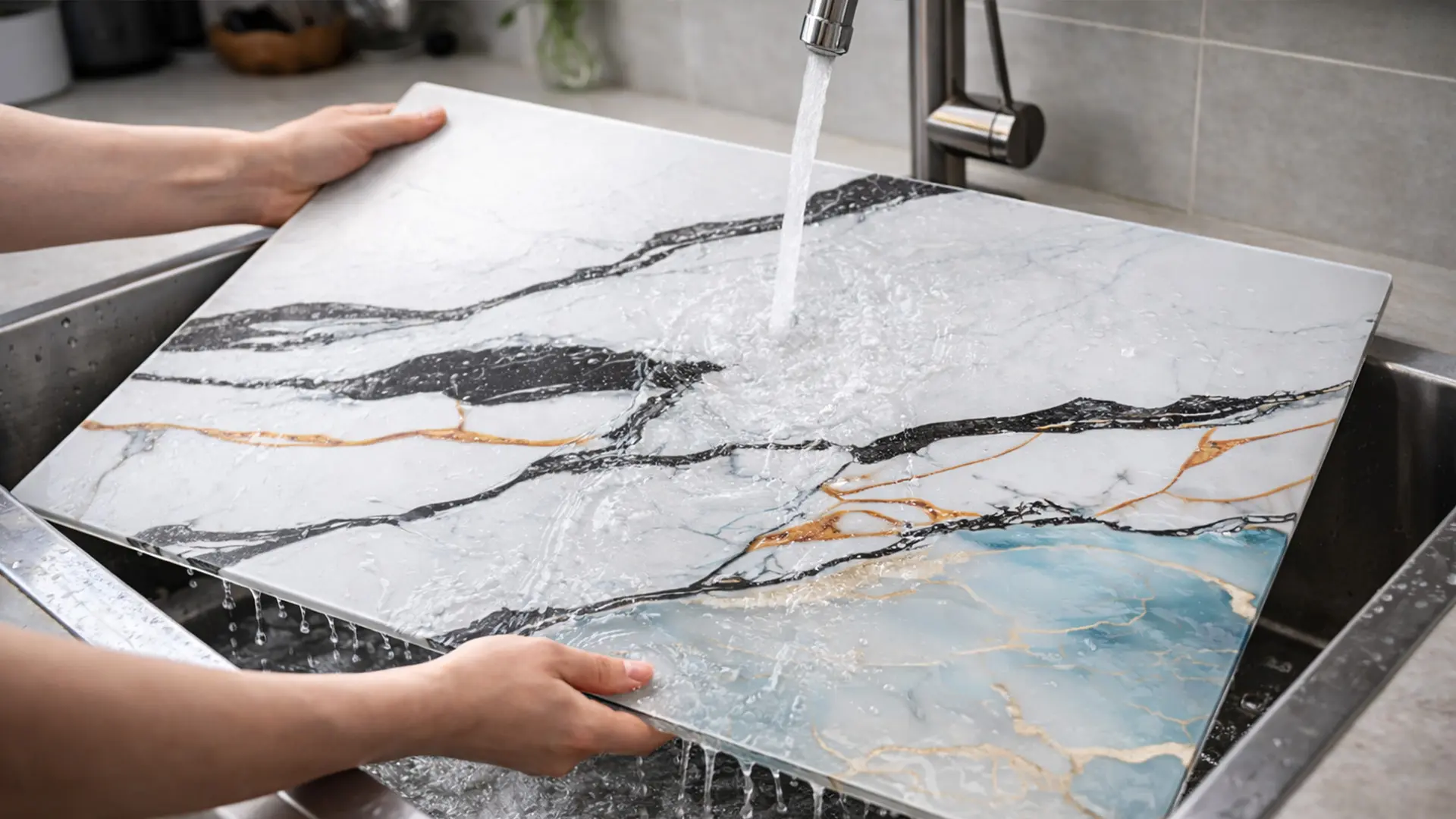 Glass Chopping Board / Hob Cover 60 × 52 cm - MARBLE BLUE & GOLD - Image 7