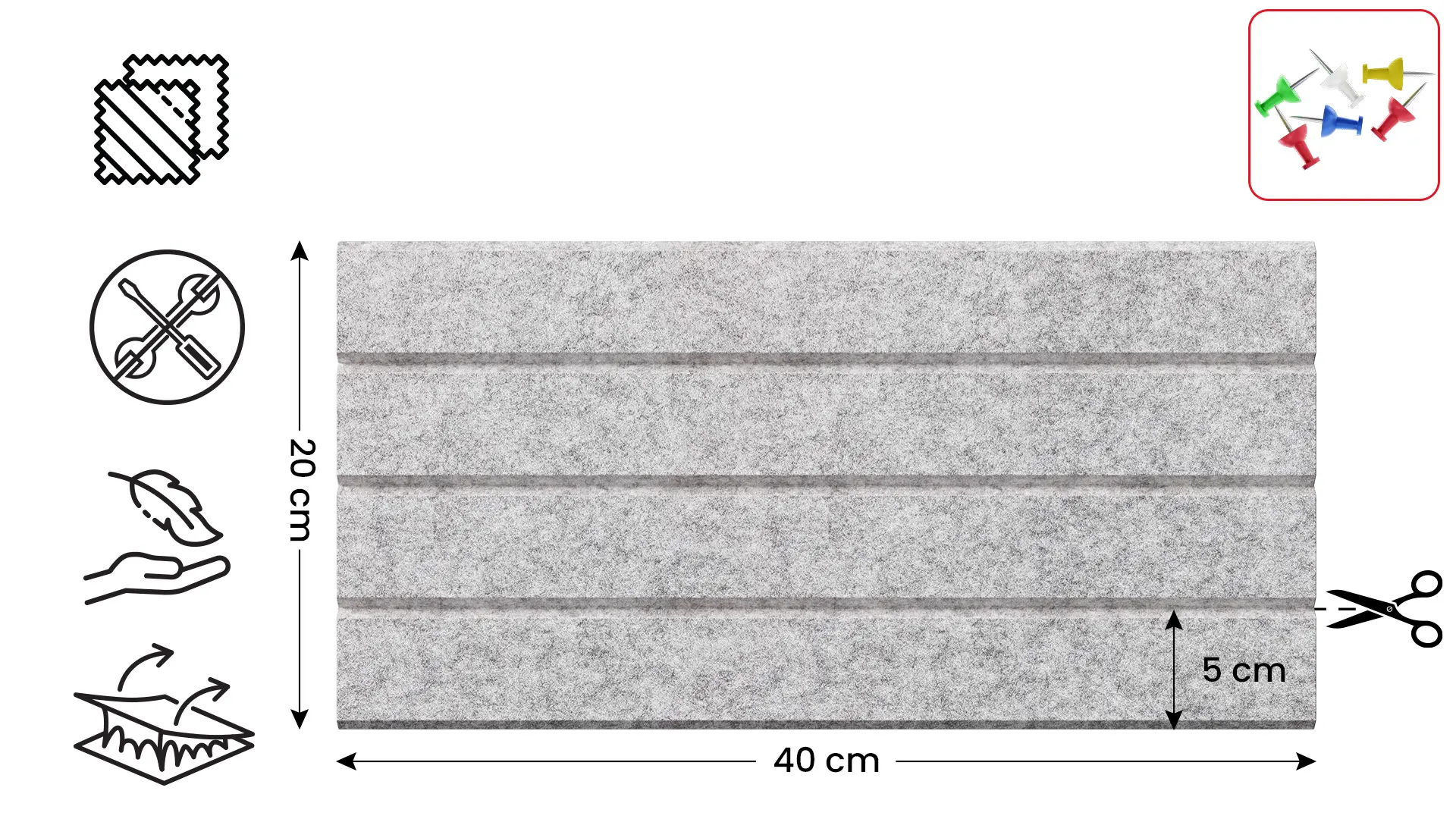 Felt Wall Panel 40 × 20 cm — Grey - Image 2