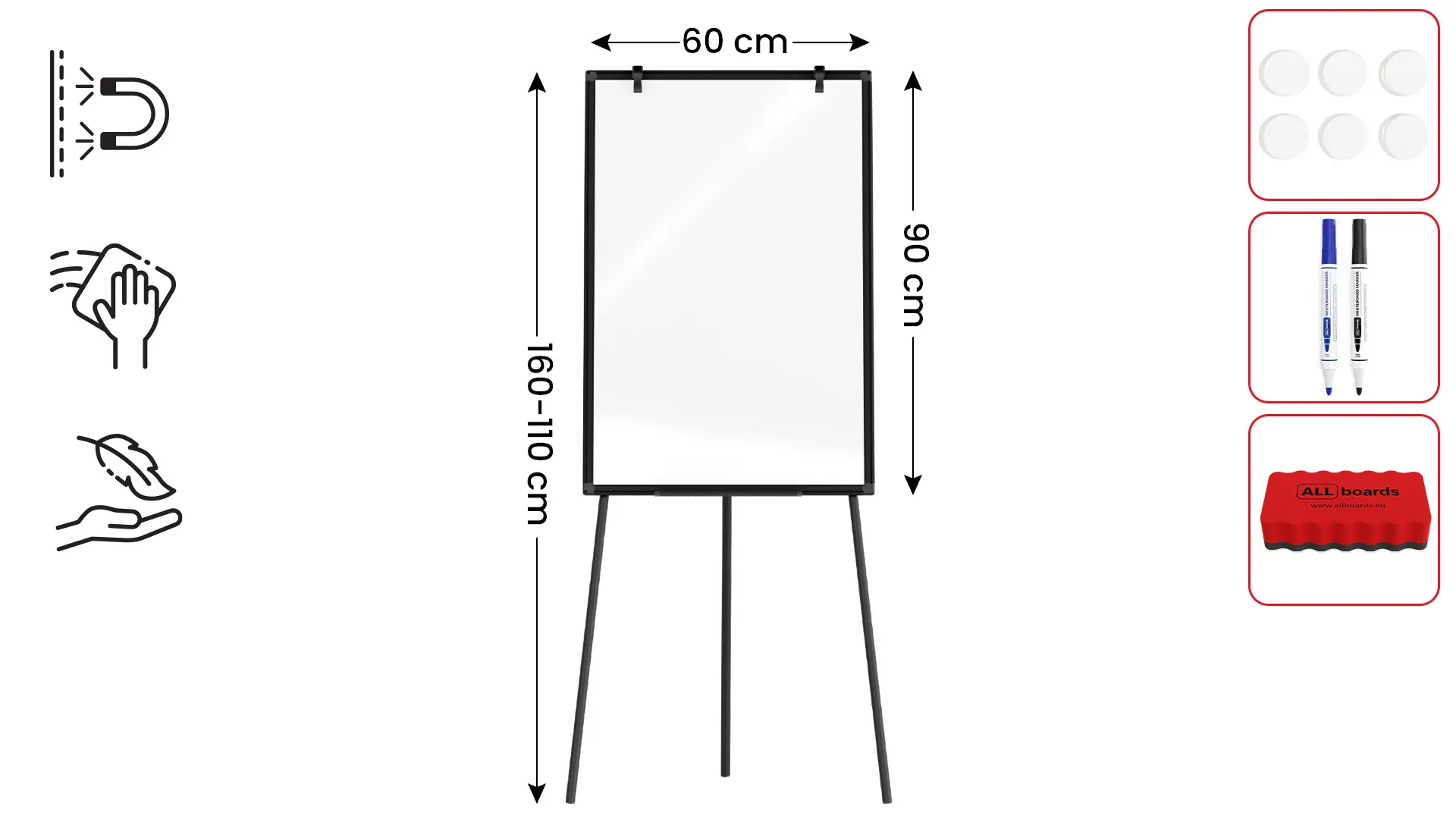 Dry-wipe Magnetic Flipchart 90 × 60 cm - Black + FREE Accessories - Image 2