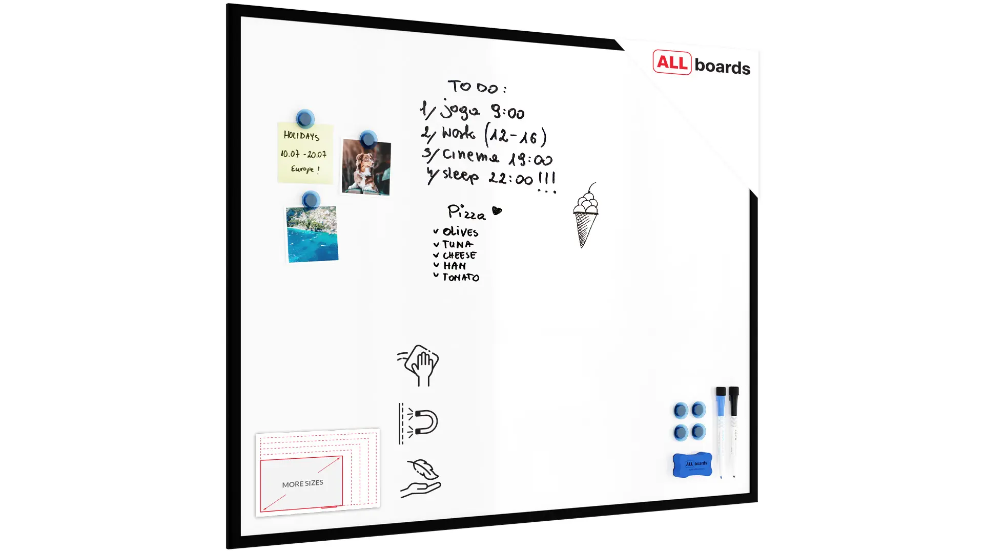 Whiteboard dry erase magnetic surface, black wooden frame 100×80 cm