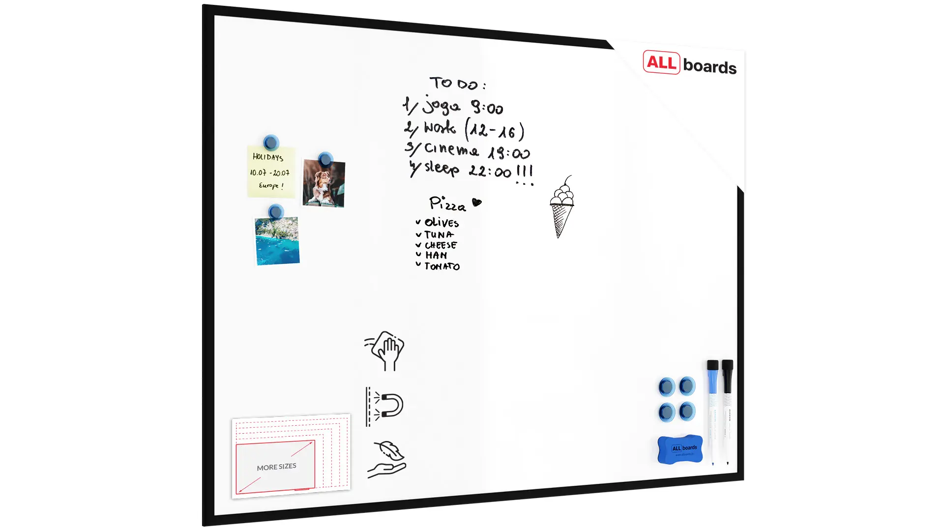 Whiteboard dry erase magnetic surface, black wooden frame 120×90 cm