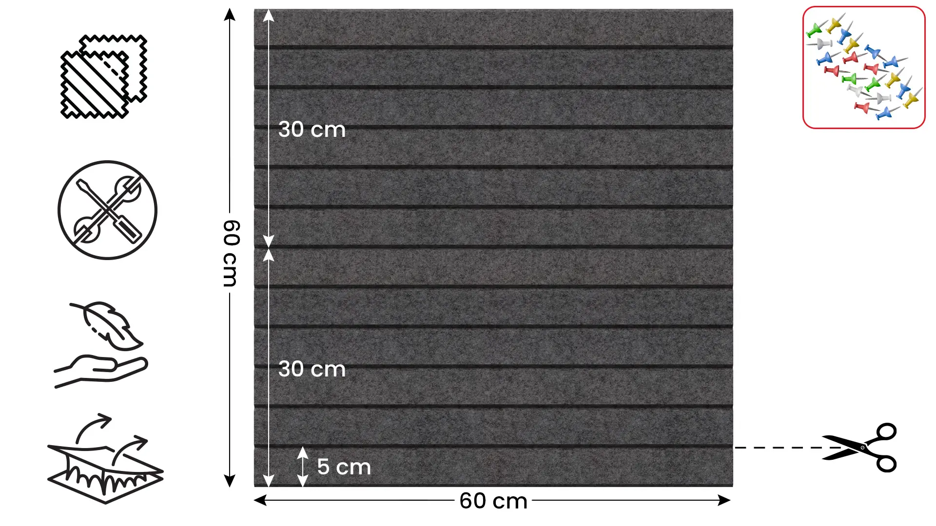 Felt Wall Panels 60x60 cm — Self-Adhesive Notice Board Tiles - Dark Grey - Image 2
