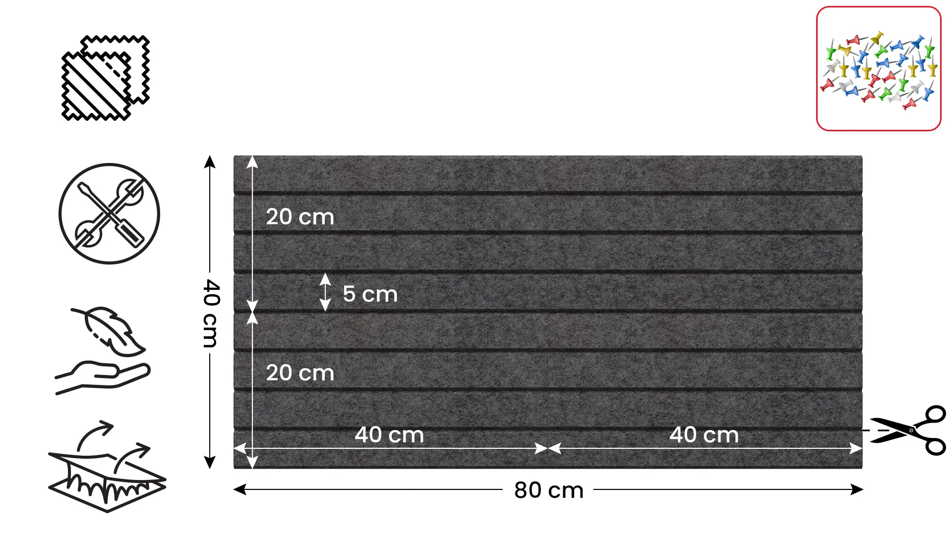 Felt Wall Panels 80x40 cm — Self-Adhesive Notice Board Tiles - Dark Grey - Image 2