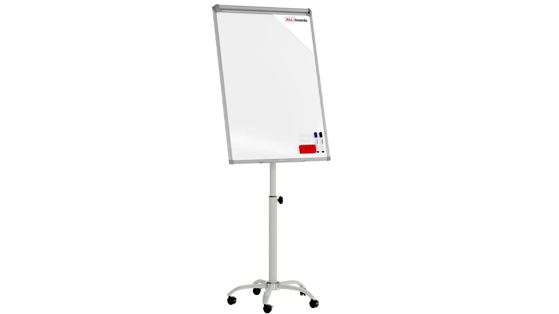 Mobile magnetic dry wipe flipchart on wheels 100x70 cm - silver + FREE ACCESSORIES