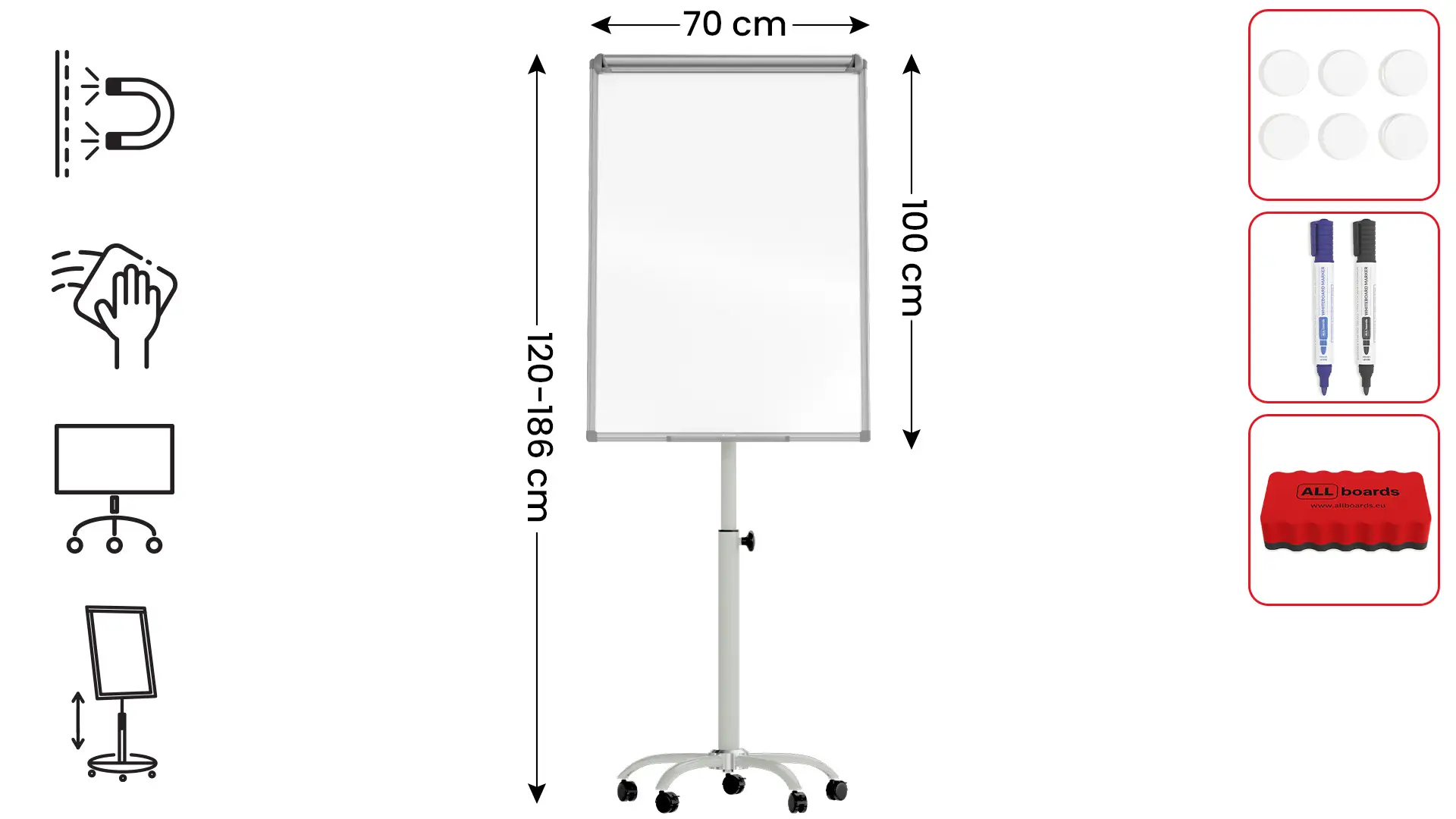 Mobile magnetic dry wipe flipchart on wheels 100x70 cm - silver + FREE ACCESSORIES - Image 2