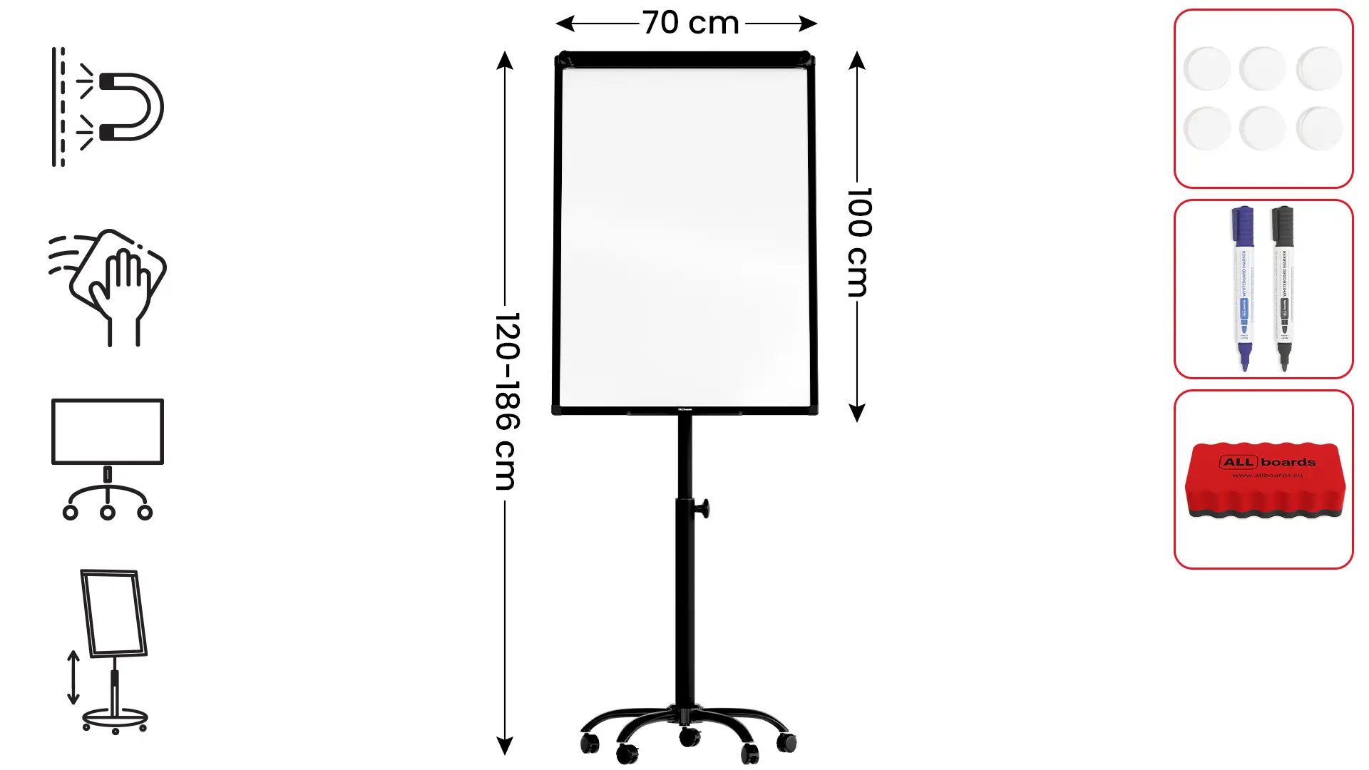 Mobile magnetic dry wipe flipchart on wheels 100x70 cm - black + FREE ACCESSORIES - Image 2