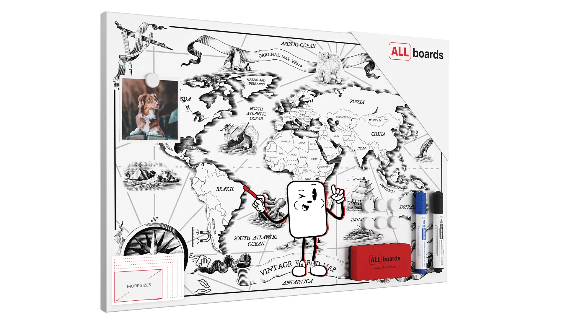 METALboards Magnetic Board, Retro World Map 60×40 cm + FREE Accessories Set